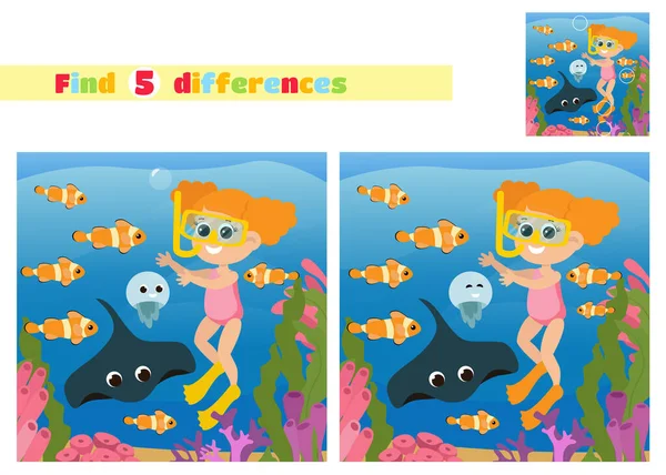 找出其中的区别在水下世界里的女童潜水者接近珊瑚和海藻 带着卡通风格的鱼 教育游戏小学或幼儿园儿童的教育游戏 — 图库矢量图片#