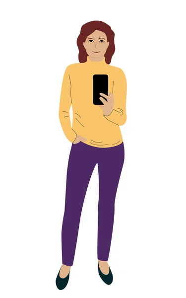 一个穿着毛衣和裤子的女孩站在那里 手里拿着电话 她想自私自利卡通风格的男人 — 图库矢量图片