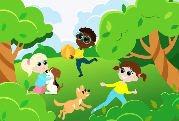 自然の中でペットやボールと遊ぶ子供たちの多文化グループ 自然の中で美しい夏や春の日 子供漫画風イラスト — ストックベクタ