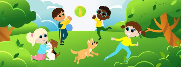 国際的な子供たちのグループが緑の公園で遊んでいます 牧草地では 女の子は彼女の犬を抱擁し ペットと一緒に実行され 少年たちはボールを再生します 春と夏の子供の自然活動 — ストックベクタ