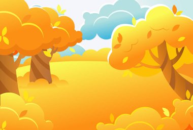 Sarı çayır ve ağaçlarla kaplı manzara, karikatür tarzında bulutlu gökyüzü. Çizgi film tarzında güzel bir sonbahar güneşli günü. Arkaplan için resim.