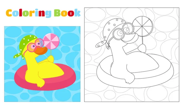 Stock vector A funny duck swims in an inflatable pink swimming pool coloring page. The duck is wearing pink sunglasses, a polka dot bandana and holding a lollipop on a stick. Coloring for children.