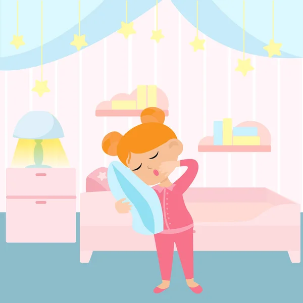 那女孩打呵欠 一个孩子站在孩子们的卧室里 抱着枕头 卡通风格的图解 — 图库矢量图片