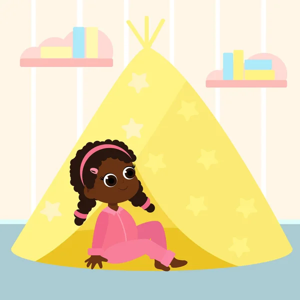 Het Meisje Zit Een Tent Kinderkamer Illustratie Tekenfilmstijl — Stockvector