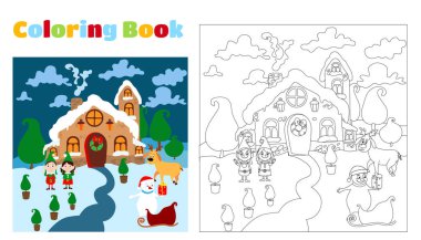 Çocuklar ve yetişkinler için Noel boyama kitabı. Kızaklı ve elfli bir kardan adam Noel Baba 'nın evinin yanında duruyor. Muhteşem bir akşam manzarası..