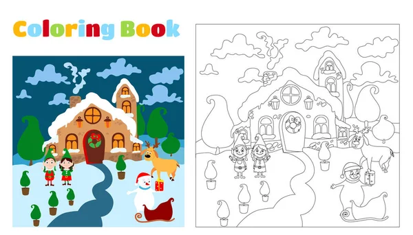 Livre Coloriage Noël Pour Enfants Adultes Bonhomme Neige Avec Traîneau — Image vectorielle