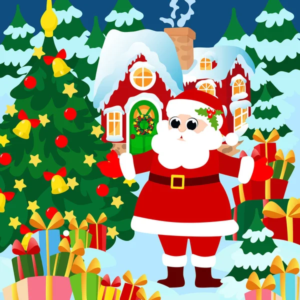 圣诞老人站在圣诞树旁 圣诞老人的雪屋附近的冬季风景 幸福的心情 可打印儿童字谜说明 — 图库矢量图片