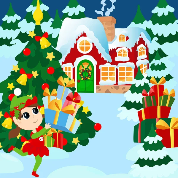 Elf Girl Running Gifts Christmas Tree Winter Landscape Santa Snowy — Stock Vector