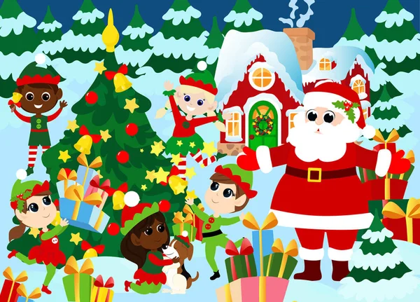 Der Weihnachtsmann Mit Elfen Draußen Neben Dem Weihnachtsbaum Winterlandschaft Der — Stockvektor