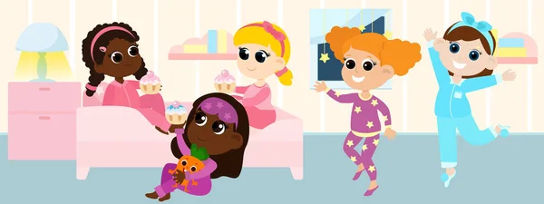 Girls Pajamas Playing Room Kids Having Pajama Party Scene Children — Stock Vector