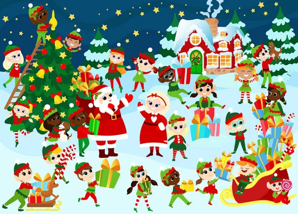 Noite Anterior Natal Frente Casa Pai Natal Papai Noel Sra — Vetor de Stock