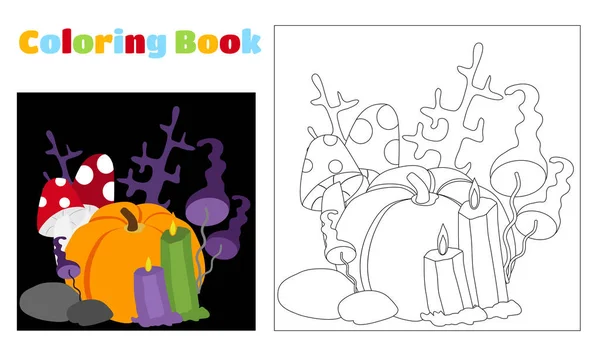 Colorear Para Niños Adultos Vector Collage Halloween Taburete Calabaza Setas — Vector de stock