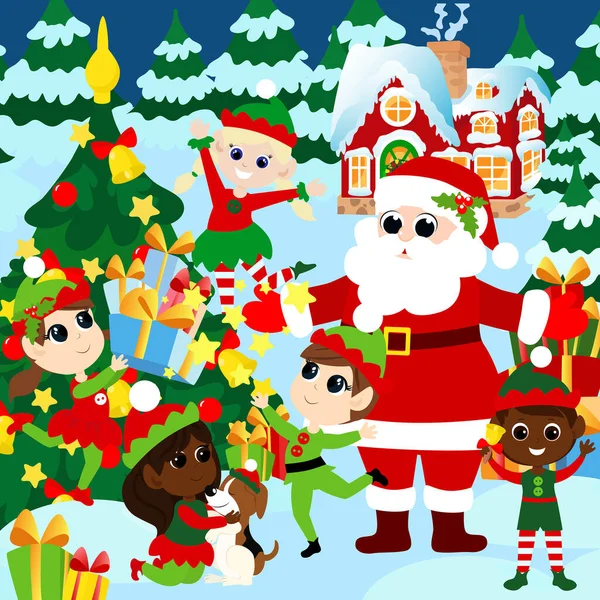 Babbo Natale Con Gli Elfi Fuori Vicino All Albero Natale — Vettoriale Stock