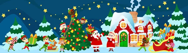 圣诞前夕圣诞老人家门前的场景 圣诞老人和圣诞老人夫人站在房子前面 小精灵装饰圣诞树并携带礼物 精灵是有趣和友好的 — 图库矢量图片