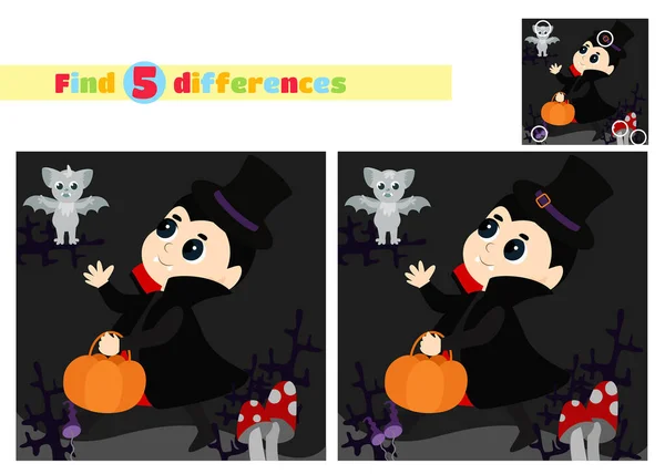 Trouvez Les Différences Petit Garçon Vêtu Costume Vampire Court Joyeusement — Image vectorielle