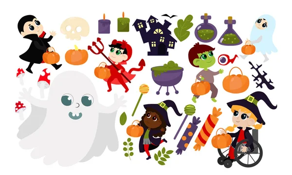 Set Bambini Costumi Halloween Foglie Piante Caramelle Zucca Castello Pozione — Vettoriale Stock