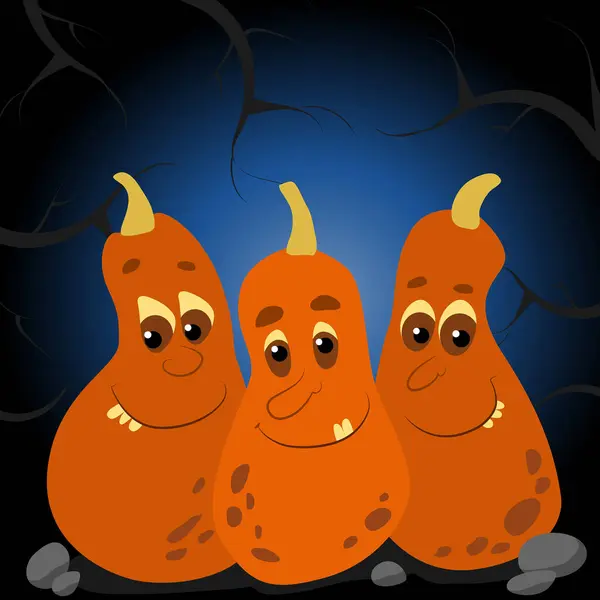 Three Pumpkins Branches Pumpkins Have Faces Eyes Mouths Halloween Character — Stock Vector