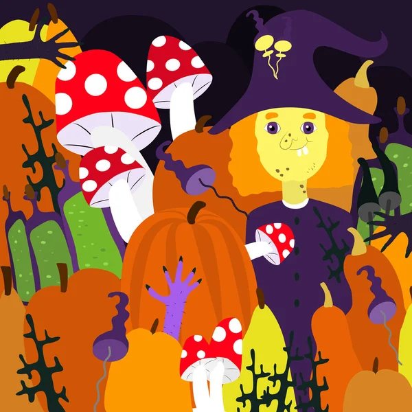 Čarodějnice Mezi Houbami Chlupatýma Rukama Větvemi Krčmami Halloween Ilustrace — Stockový vektor