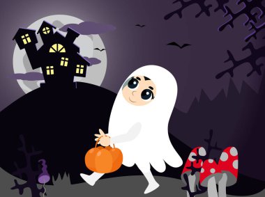 Küçük bir çocuk hayalet kostümü giyip dağdaki kaleye gider. Çocuk çok tatlı ve elinde balkabağı şeklinde bir sepet tutuyor. Çizgi film tarzında Cadılar Bayramı karakteri.