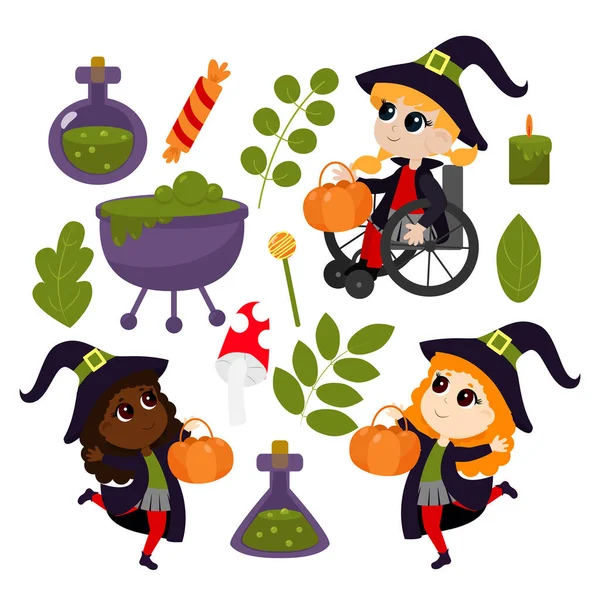 Halloween Set Postavy Atributy Kresleného Stylu Izolován Bílém Pozadí Čarodějnice — Stockový vektor