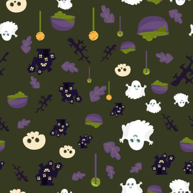 Kusursuz desenli şirin kafatası, yapraklar, kale, dal, hayalet. Çizgi film tarzında cadılar bayramı. Paketleme, tekstil, duvar kağıtları için desen.