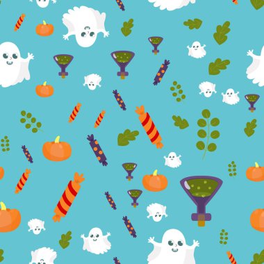 Kusursuz desenli şirin hayalet ve zehir ya da iksirli şişeler, şekerler ve yapraklar. Çizgi film tarzında cadılar bayramı. Paketleme, tekstil, duvar kağıtları için desen.