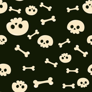 Kusursuz desenli siyah bir arka planda şirin kafatası ve kemikler. Çizgi film tarzında cadılar bayramı. Paketleme, tekstil, duvar kağıtları için desen.