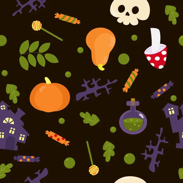 Blätter Totenkopf Zaubertrank Kerzen Burg Süßigkeiten Und Halloween Attribute Cartoon — Stockvektor
