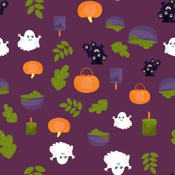 Naadloos Patroon Schattig Spook Kasteel Bladeren Pompoen Met Bladeren Halloween — Stockvector