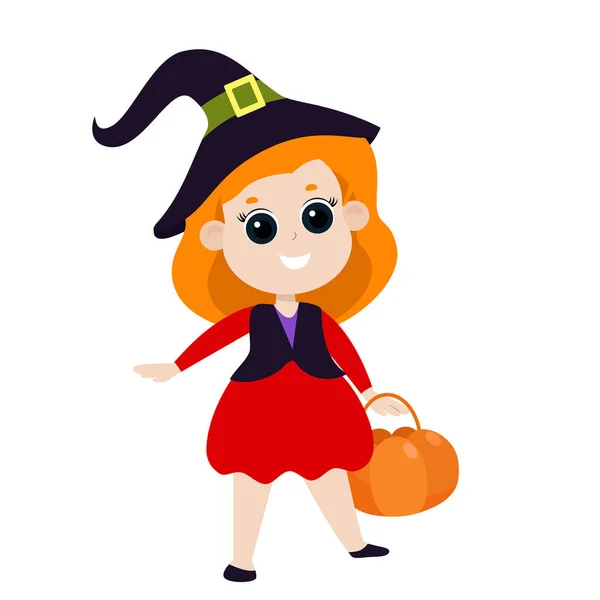 Malá Šťastná Holčička Rudými Vlasy Kostýmu Čarodějnice Košíkem Ruce Halloween — Stockový vektor