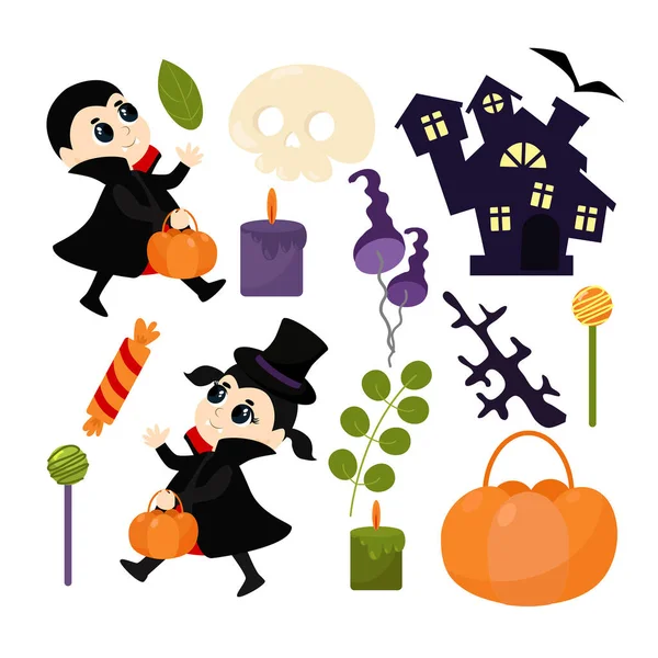 Set Kinder Vampirkostümen Und Halloween Attribute Pflanzenblätter Bonbons Kürbis Burg — Stockvektor