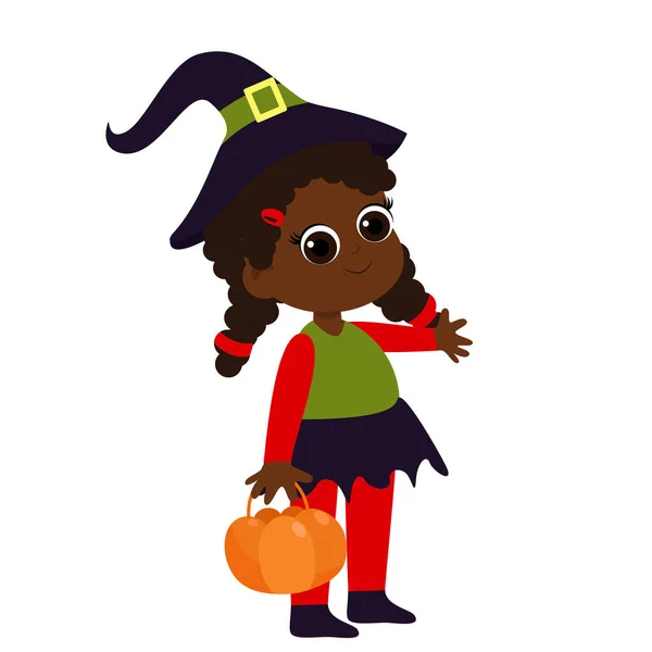 Čarodějka Klobouku Kostýmu Košíkem Ruce Sada Halloween Ilustrace Kresleném Stylu — Stockový vektor