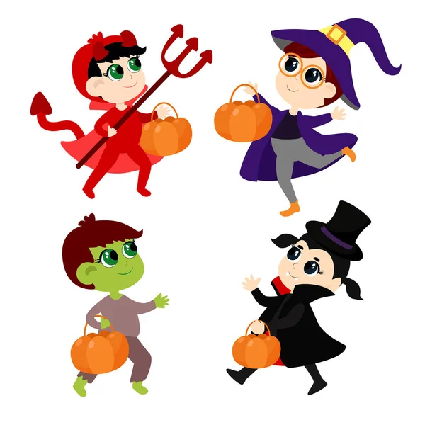 Halloween Set Postavami Kresleného Stylu Izolované Bílém Pozadí Děti Čarodějnickém — Stockový vektor