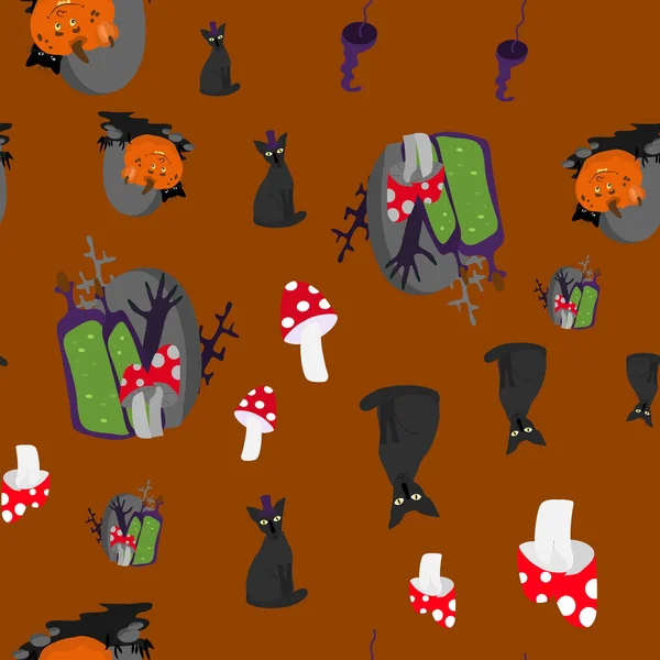 Naadloze Patroon Kat Vliegen Agaric Twijgen Grafsteen Halloween Achtergrond Cartoon — Stockvector