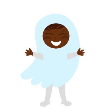 Hayalet kostümlü bir çocuk. Çizgi film tarzında Cadılar Bayramı karakter tasarımı beyaz arkaplanda izole.