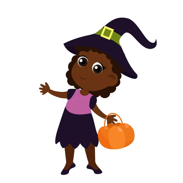 Čarodějka Klobouku Kostýmu Košíkem Ruce Halloween Charakter Design Kresleném Stylu — Stockový vektor