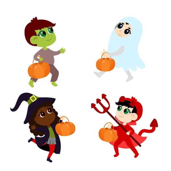 Zestaw Halloween Postaciami Kreskówek Odizolowanych Białym Tle Dzieci Wiedźmie Zombie — Wektor stockowy