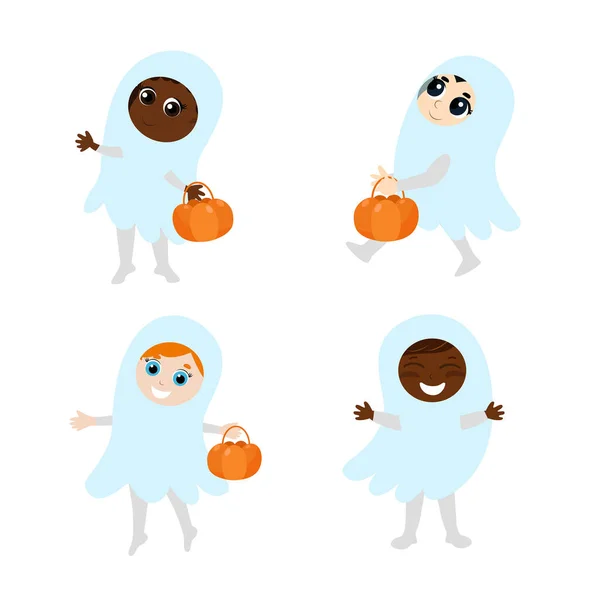 Postavte Děti Kostýmů Duchů Košíky Rukou Halloween Ilustrace Kresleném Stylu — Stockový vektor