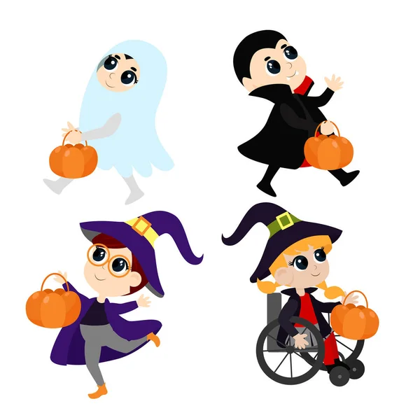 Halloween Set Postavami Kresleného Stylu Izolované Bílém Pozadí Děti Kouzelnickém — Stockový vektor