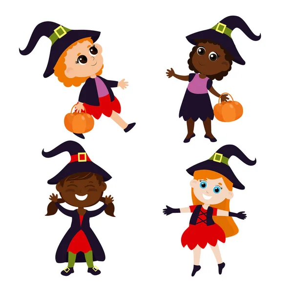 Roztomilé Čarodějky Rudými Vlasy Kostýmu Košíkem Ruce Sada Halloween Ilustrace — Stockový vektor