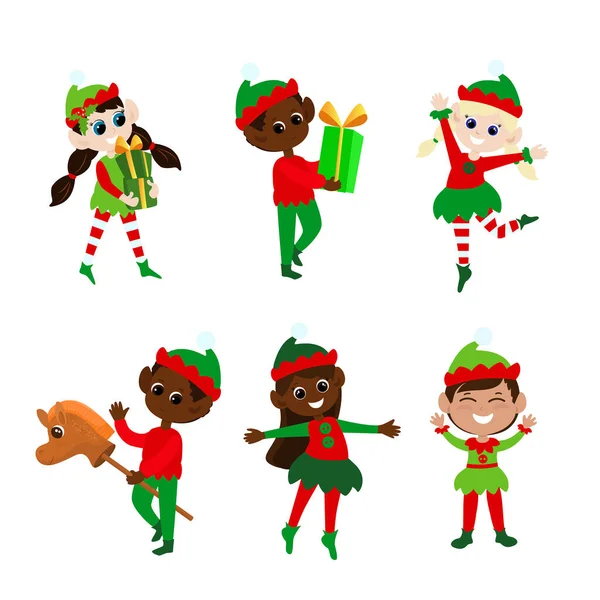 设定圣诞精灵 多文化男孩和女孩穿着传统精灵服装 他们跳舞 带礼物 骑在木马上 圣诞人物的设计 — 图库矢量图片#
