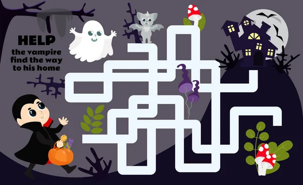 Halloween Bludiště Pro Děti Pomozte Tomu Malému Upírovi Najít Cestu — Stockový vektor