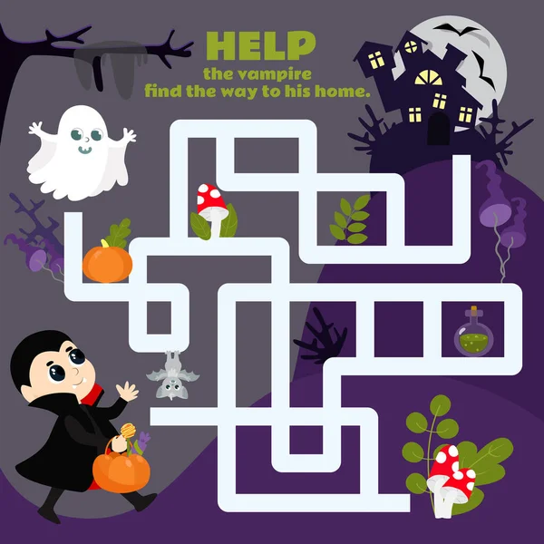 Labyrint Hra Pro Děti Pomozte Upířímu Chlapci Najít Domov Halloween — Stockový vektor
