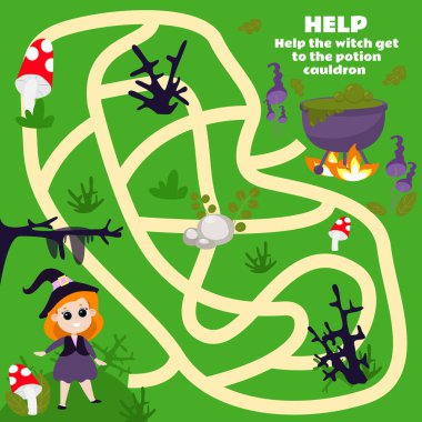 Çocuklar için labirent oyunu cadının iksir kazanına ulaşmasına yardım et. Tatlı karakterli bir Cadılar Bayramı oyunu. Çalışma tablosu.