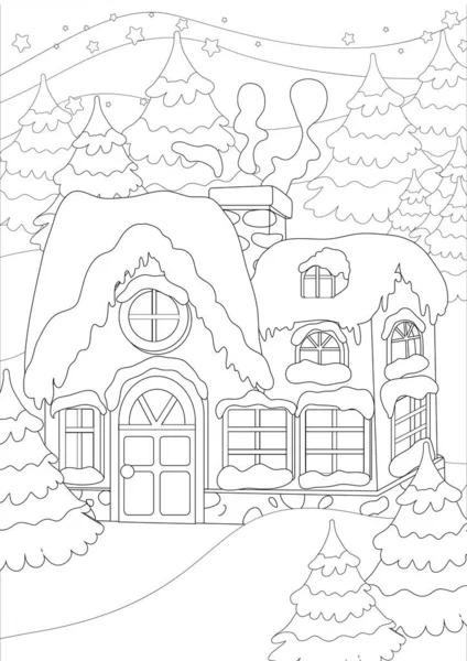 彩色页面 在圣诞节前夕的夜晚或晚上 在冷杉树间有一个舒适的房子 圣诞树和屋顶上覆盖着雪 星星在天空中闪闪发光 — 图库矢量图片#