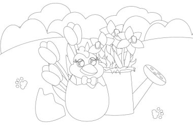 Boyama sayfası. Yeşil bir çayırda yumurtanın içinde büyüleyici bir tavuk var. Arkasında laleler ve nergis ve tavşan ayak izleriyle dolu bir su bidonu var. Bir neşe ve huzur havası..