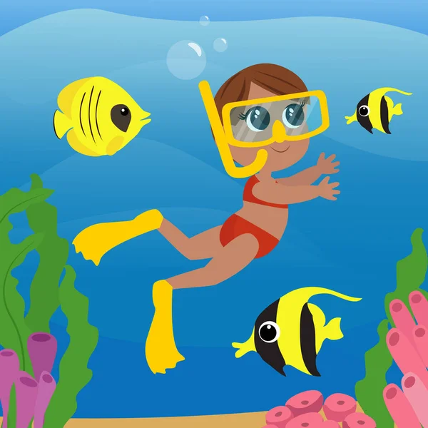 소녀는 지느러미와 스쿠버 다이빙을위한 마스크로 수영합니다 스타일의 어린이 그림입니다 어린이 — 스톡 벡터
