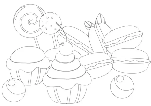 Розмальовка Сторінка Солодощі Кондитерські Пончики Кекс Льодяник Макарон Горизонтальна Банерна — стоковий вектор