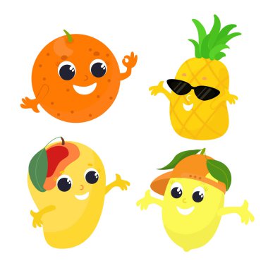 Beyaz arka planda izole edilmiş tropikal meyve limonu, portakal, ananas ve mango seti. Meyvelerin yüzleri ve sapları vardır. Çocuk tasarımı için karakter tasarımı.
