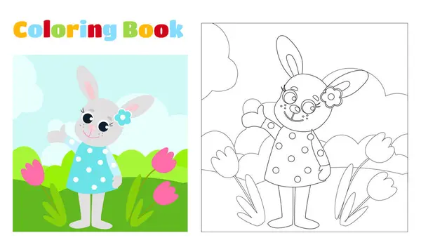 Boyama sayfası. Mavi benekli elbiseli Paskalya tavşanı kız. Hayvan yeşil bir çayırda. Çizgi film tarzında neşeli karakterin şenlikli çizimi.